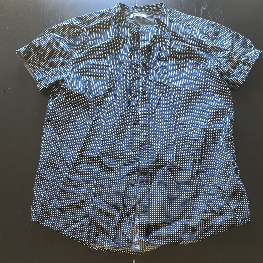 Kenneth Cole Reaction Short-Sleeve Button-Down Navy Blue White Shirt Mens Large